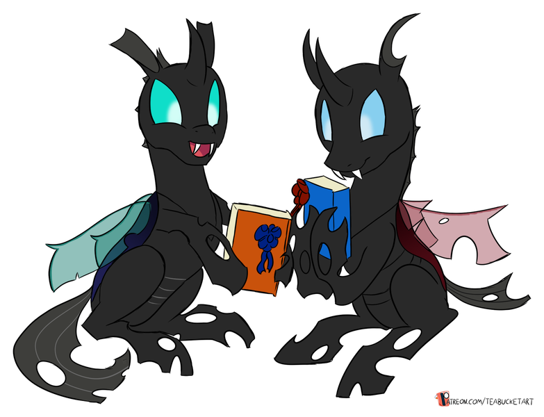 Size: 1255x962 | Tagged: artist:teabucket, book, changeling, derpibooru import, male, oc, oc:coxa, oc:mimesis, patreon, patreon logo, red changeling, safe, unofficial characters only