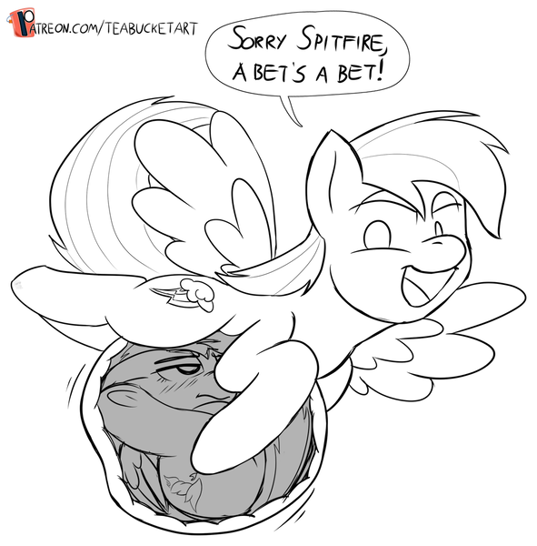 Size: 1020x1035 | Tagged: questionable, artist:teabucket, deleted from derpibooru, derpibooru import, rainbow dash, spitfire, pegasus, pony, belly, big belly, black and white, dialogue, eaten alive, endosoma, fetish, flying, frog (hoof), frontbend, grayscale, monochrome, patreon, patreon logo, preddash, same size vore, spitfire is not amused, stomach walls, underhoof, vore, willing vore, x-ray