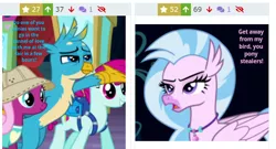 Size: 490x264 | Tagged: safe, derpibooru import, edit, edited screencap, screencap, fruit pack, gallus, happy khaki, ruby splash, silverstream, trail blazer, earth pony, gryphon, hippogriff, pony, derpibooru, uprooted, booth, cropped, don't even think about it, downvote, eye crossed, favorite, female, gallstream, juxtaposition, male, meta, shipping, silverstream is not amused, spread arms, straight, text, text edit, tunnel of love, unamused, upvote
