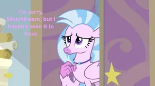 Size: 746x417 | Tagged: chatting, derpibooru import, edit, edited screencap, frown, implied starlight glimmer, jewelry, offscreen character, safe, screencap, silverstream, starlight's office, student counsel, text, text edit