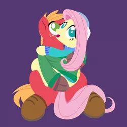 Size: 2000x2000 | Tagged: safe, anonymous artist, derpibooru import, big macintosh, fluttershy, pony, series:fm holidays, boots, clothes, earmuffs, female, fluttermac, gloves, holding a pony, hoof gloves, lineless, looking at something, looking up, male, new year, no pupils, purple background, shared clothing, shared sweater, shipping, shoes, simple background, straight, sweater, wip
