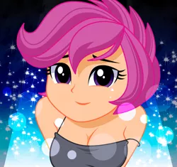 Size: 1163x1094 | Tagged: safe, artist:rosemile mulberry, derpibooru import, scootaloo, equestria girls, breasts, bust, busty scootaloo, cleavage, clothes, cute, cutealoo, female, looking at you, older, older scootaloo, smiling, solo