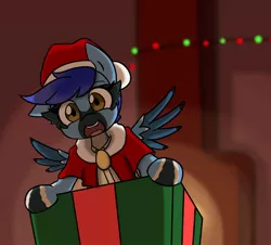 Size: 1280x1159 | Tagged: safe, artist:spheedc, derpibooru import, oc, oc:jay jay, chimney, christmas, christmas lights, clothes, commission, costume, hat, holiday, present, santa costume, santa hat, smiling, solo, your character here