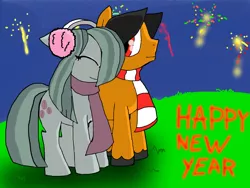 Size: 2048x1536 | Tagged: safe, artist:a.s.e, derpibooru import, marble pie, oc, oc:a.s.e, canon x oc, clothes, couple, female, fireworks, happy, happy new year, holiday, male, mare, scarf, smiling, stallion, together