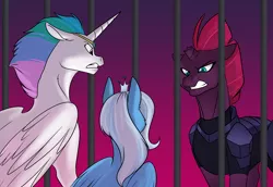 Size: 1200x825 | Tagged: artist:foxenawolf, broken horn, cage, derpibooru import, fanfic:off the mark, gritted teeth, horn, my little pony: the movie, not celestia, oc, oc:mark wells, safe, tempest shadow, trixie
