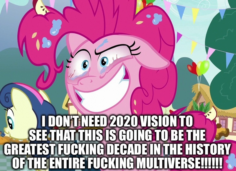 Size: 992x718 | Tagged: 2020, bloodshot eyes, bon bon, caption, cropped, crying, derpibooru import, didn't age well, edit, edited screencap, editor:useraccount, excessive exclamation marks, eye, eyes, happy new year, holiday, image macro, meme, new year, pinkie pie, safe, screencap, solo focus, sweetie drops, text, the one where pinkie pie knows