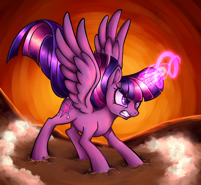 Size: 1250x1150 | Tagged: safe, artist:nessacity, derpibooru import, twilight sparkle, alicorn, twilight's kingdom, angry, fighting stance, glowing horn, gritted teeth, horn, magic, nose wrinkle, redraw, scene interpretation, signature, solo, spread wings, starry eyes, twilight sparkle (alicorn), wingding eyes, wings