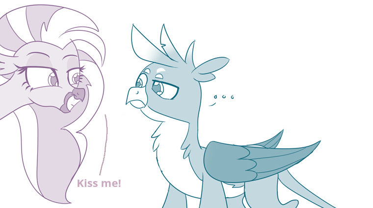 Size: 760x425 | Tagged: safe, artist:sintakhra, derpibooru import, edit, gallus, silverstream, gryphon, hippogriff, ..., cute, diastreamies, female, gallabetes, gallstream, kiss me, male, shipping, smiling, smirk, straight, text edit