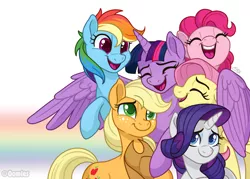 Size: 1050x750 | Tagged: alicorn, applejack, applejack's hat, artist:oomles, cowboy hat, derpibooru import, end of ponies, fluttershy, group hug, hat, hug, laughing, mane six, multicolored background, pinkie pie, rainbow, rainbow dash, rarity, safe, simple background, smiling, twilight sparkle, twilight sparkle (alicorn), watermark, winghug