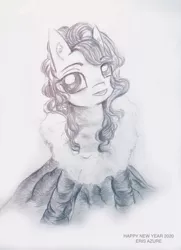 Size: 1775x2448 | Tagged: safe, artist:eris azure, derpibooru import, oc, ponified, unofficial characters only, earth pony, pony, 2020, album, all i want for christmas is you, black and white, christmas, christmas queen, clothes, curly mane, cute, dress, female, festival, g4, grayscale, hair, happy new year, happy new year 2020, hearth's warming, holiday, it's a pony kind of christmas, mane, mare, mariah carey, monochrome, new year, pencil drawing, simple background, singer, sitting, smiling, solo, song, traditional art