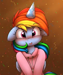 Size: 2100x2500 | Tagged: safe, artist:heavymetalbronyyeah, derpibooru import, rainbow dash, pegasus, pony, 2020, :p, clothes, cute, dashabetes, floppy ears, happy new year, hat, high res, holiday, hoodie, human shoulders, looking at you, party hat, smiling, solo, tongue out