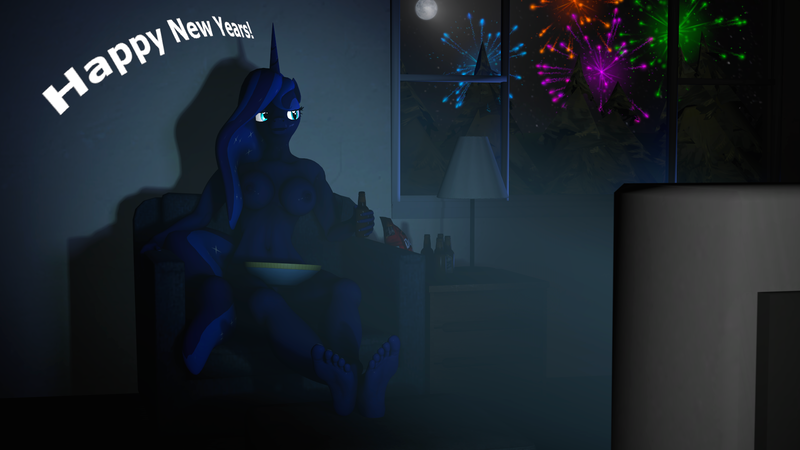 Size: 1920x1080 | Tagged: 3d, alcohol, anthro, artist:dongly12, barefoot, beer, bowl, breasts, chips, derpibooru import, doritos, feet, fireworks, food, lounging, new years eve, nipples, nudity, plantigrade anthro, princess luna, questionable, source filmmaker, television