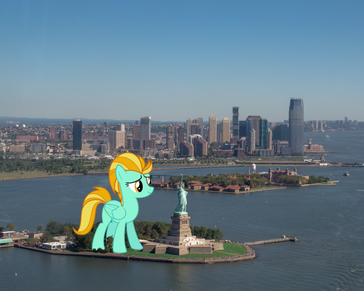 Size: 2000x1600 | Tagged: safe, artist:vladimirmacholzraum, derpibooru import, lightning dust, pony, city, female, giant pony, giantess, highrise ponies, irl, macro, manhattan, new york, photo, ponies in real life, statue of liberty