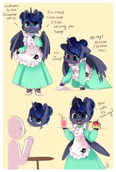 Size: 800x1181 | Tagged: alicorn, alternate hairstyle, artist:ipun, blushing, cake, cheek fluff, clothes, colored hooves, cute, derpibooru import, dialogue, dress, drink, female, floppy ears, food, friendship cafe, high heels, lunabetes, maid, mare, open mouth, princess luna, safe, semi-anthro, shoes, table, wing fluff