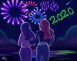 Size: 1500x1192 | Tagged: safe, artist:emberfan11, derpibooru import, sunset shimmer, twilight sparkle, human, 2020, female, fireworks, happy new year, happy new year 2020, holiday, humanized, lesbian, shipping, sunsetsparkle