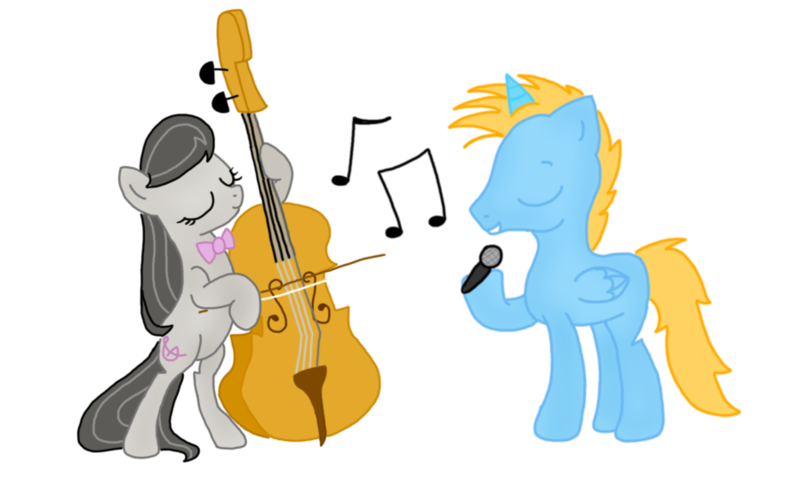 Size: 900x563 | Tagged: alicorn, alicorn oc, artist:aurorri, bipedal, cello, derpibooru import, dexterous hooves, duo, eyes closed, hoof hold, horn, male, microphone, musical instrument, music notes, oc, oc:harmony star, octavia melody, safe, simple background, stallion, transparent background, wings