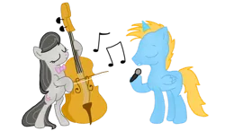 Size: 900x563 | Tagged: alicorn, alicorn oc, artist:aurorri, bipedal, cello, derpibooru import, dexterous hooves, duo, eyes closed, hoof hold, horn, male, microphone, musical instrument, music notes, oc, oc:harmony star, octavia melody, safe, simple background, stallion, transparent background, wings
