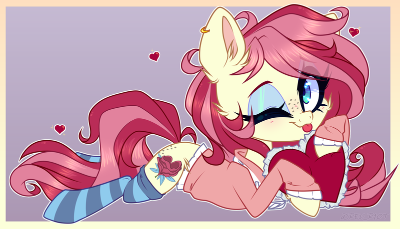 Size: 3911x2242 | Tagged: safe, artist:_spacemonkeyz_, derpibooru import, oc, oc:velvet passion, earth pony, pony, clothes, female, mare, one eye closed, prone, socks, solo, striped socks, tongue out, wink