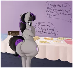 Size: 2160x2034 | Tagged: suggestive, artist:andelai, derpibooru import, oc, oc:magna-save, unofficial characters only, pony, unicorn, ass, bipedal, buffet, butt, clothes, commission, dialogue, female, food, huge butt, large butt, mare, new year, new year's resolution, nudity, open mouth, solo, solo female, standing, table, the ass was fat, thighs, thunder thighs, wide hips