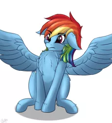 Size: 1828x2000 | Tagged: artist:orangejuicerus, chest fluff, derpibooru import, female, fluffy, rainbow dash, safe, simple background, solo