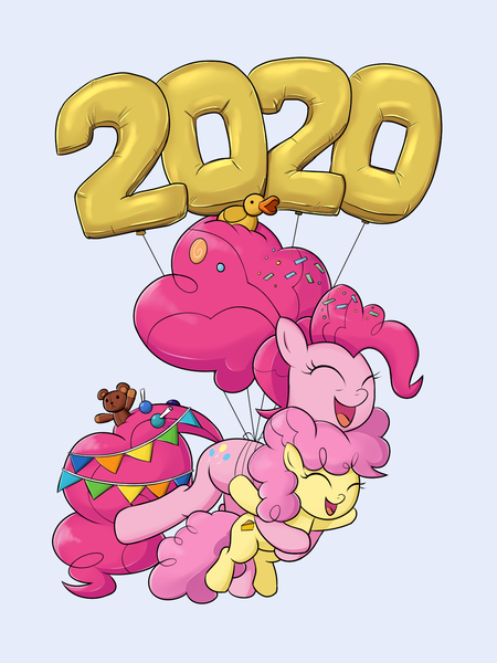 Size: 1200x1600 | Tagged: safe, artist:mew-me, derpibooru import, li'l cheese, pinkie pie, earth pony, the last problem, 2020, balloon, blue background, candy, colt, eyes closed, female, floating, flying, food, happy, happy new year, happy new year 2020, holiday, lollipop, male, mare, mother and child, mother and son, new years eve, older, older pinkie pie, rubber duck, simple background, smiling, teddy bear, then watch her balloons lift her up to the sky