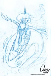 Size: 600x887 | Tagged: artist:omny87, derpibooru import, monochrome, princess celestia, safe, sketch, sun, surfboard, surfing, traditional art