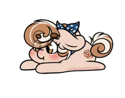 Size: 398x314 | Tagged: safe, artist:cottonsweets, derpibooru import, part of a set, oc, oc:cinnamon spangled, unofficial characters only, earth pony, pony, bandana, blushing, chibi, commission, cute, female, laying on stomach, lying down, mare, ocbetes, simple background, smol, solo, transparent background, ych result