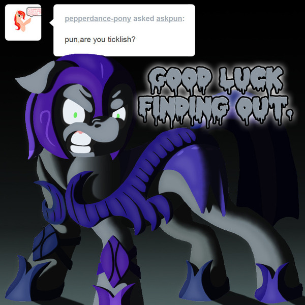 Size: 800x800 | Tagged: safe, artist:crispokefan, derpibooru import, oc, oc:pun, earth pony, pony, ask pun, agent 707, angry, armor, ask, female, floppy ears, glare, gradient background, gritted teeth, mare, night guard armor, solo