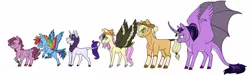 Size: 1280x388 | Tagged: safe, artist:phobicalbino, derpibooru import, applejack, fluttershy, pinkie pie, rainbow dash, rarity, twilight sparkle, twilight sparkle (alicorn), alicorn, earth pony, pegasus, pony, unicorn, clothes, colored horn, colored wings, curved horn, female, glasses, headscarf, horn, hybrid wings, leg wrapping, leonine tail, line-up, mane six, mare, multicolored wings, multiple eyes, rainbow wings, scar, scarf, simple background, socks (coat marking), white background, wing claws, wings