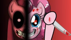 Size: 1280x720 | Tagged: semi-grimdark, artist:megablack0x, derpibooru import, edit, pinkie pie, earth pony, pony, black background, black sclera, blood, bloodshot eyes, darkside, evil grin, female, grin, heart eyes, knife, mare, pinkamena diane pie, red background, simple background, smiling, wingding eyes, youtube