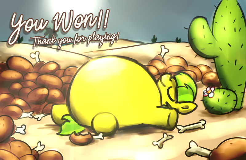 Size: 3840x2500 | Tagged: safe, artist:bitassembly, artist:sugar morning, derpibooru import, oc, oc:lemon drop, unofficial characters only, earth pony, pony, belly, big belly, bite mark, bone, cactus, desert, drumstick, end game, eyes closed, fat, food, game screencap, game:fat fat horse, high res, huge belly, immobile, impossibly large belly, meat, moonlight, morbidly obese, night, obese, on back, ponies eating meat, round belly, sleeping, smiling, solo, stuffed, text