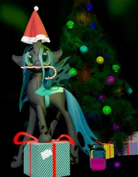 Size: 1600x2043 | Tagged: safe, artist:fluffyrescent, artist:uncertainstardust, derpibooru import, queen chrysalis, changeling, 2020, 3d, beverage, candy, candy cane, christmas, christmas changeling, christmas tree, cute, cutealis, food, happy new year, hat, holiday, love, new year tree, new years eve, present, santa hat, solo, tree