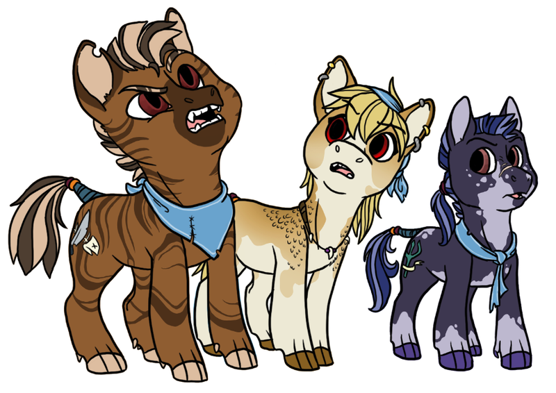 Size: 896x634 | Tagged: safe, artist:phobicalbino, derpibooru import, oc, oc:cutting edge, oc:poseidon, oc:teaspoon, unofficial characters only, bandana, dewclaw, ear piercing, earring, foal, jewelry, piercing, simple background, tail wrap, trio, white background