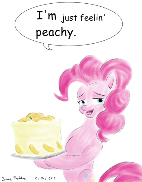 Size: 1024x1304 | Tagged: safe, artist:rockhoppr3, derpibooru import, pinkie pie, earth pony, pony, cake, food, peaches, solo