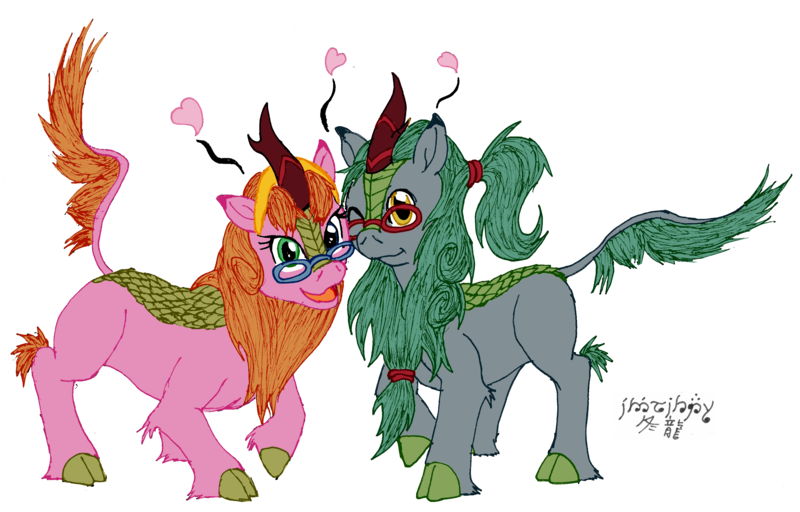 Size: 3122x1999 | Tagged: safe, artist:edhelistar, derpibooru import, oc, oc:edhelistar, oc:maia matsuno, unofficial characters only, kirin, 2020 community collab, derpibooru community collaboration, cloven hooves, duo, female, floating heart, glasses, hairband, heart, heterochromia, kanji, kirin oc, kirinified, male, mixed media, non-mlp oc, oc x oc, one eye closed, ponysona, shipping, signature, simple background, species swap, straight, tengwar, transparent background