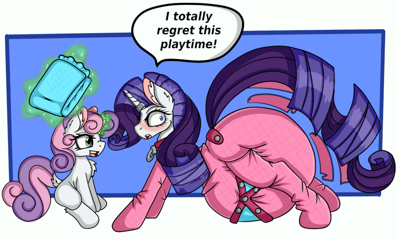 Size: 1653x1000 | Tagged: suggestive, artist:cuddlelamb, derpibooru import, rarity, sweetie belle, pony, adult foal, age regression, animated, babity, baby, baby pony, blushing, collar, diaper, diaper fetish, dock, fetish, footed sleeper, gif, horn, horn ring, impossibly large diaper, levitation, magic, magic suppression, poofy diaper, ring, telekinesis, younger