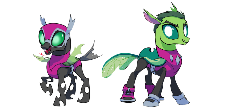 Size: 1000x477 | Tagged: artist:house-of-tykayl, beast boy, changedling, changeling, changelingified, clothes, crossover, derpibooru import, doom patrol, green changeling, male, mask, part of a set, pun, safe, simple background, smiling, solo, species swap, teen titans, uniform, white background