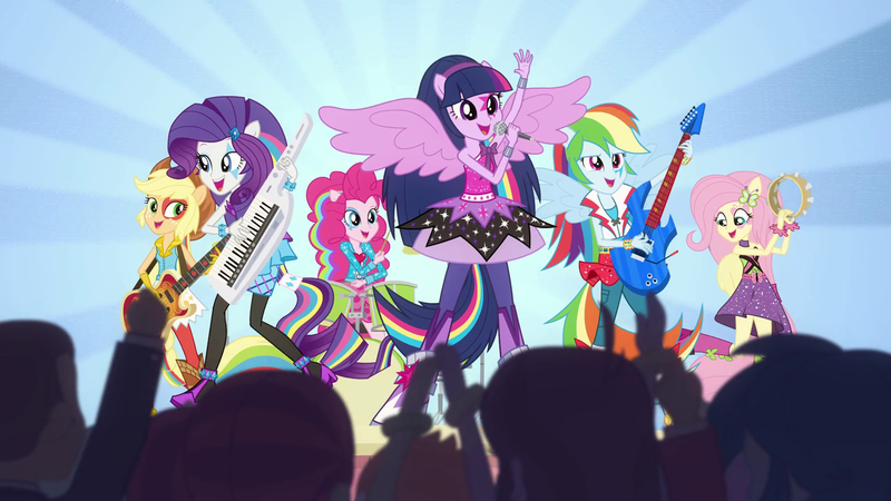 Size: 1280x720 | Tagged: safe, derpibooru import, applejack, fluttershy, pinkie pie, rainbow dash, rarity, sunset shimmer, twilight sparkle, twilight sparkle (alicorn), alicorn, equestria girls, rainbow rocks, shake your tail, bass guitar, drums, electric guitar, guitar, keyboard, microphone, multicolored hair, musical instrument, ponied up, rainbow hair, singing, tambourine, the rainbooms, wings