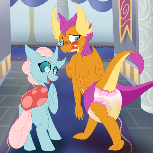 Size: 2000x2000 | Tagged: abdl, alternate version, artist:plinkie_poi, blushing, changedling, changeling, clothes, derpibooru import, diaper, diaper fetish, diaper upskirt, dragon, dragoness, duo, duo female, embarrassed, exposed, female, fetish, humiliated, humiliation, ocellus, open mouth, questionable, skirt, smiling, smolder, urine, wet diaper