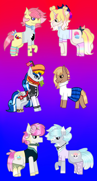 Size: 2032x3776 | Tagged: safe, artist:lightningbolt39, derpibooru import, oc, oc:balmoral, oc:patty (ice1517), oc:puffy frosting, oc:shiny apple (ice1517), oc:soda frosting, oc:strawberry swirls (ice1517), unofficial characters only, earth pony, pony, unicorn, american flag, bag, bandaid, blouse, bowtie, burger, clothes, clothes swap, converse, cowboy hat, female, flag, food, freckles, hat, jersey, legwarmers, lesbian, mare, markings, nose piercing, nose ring, oc x oc, open mouth, piercing, plaid skirt, pleated skirt, rainbow socks, shipping, shirt, shoes, skirt, socks, soda, striped socks, sweater, t-shirt, tail wrap, vest