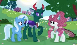 Size: 1280x751 | Tagged: artist:universestarlight, changedling, changeling, changepony, derpibooru import, family, female, hybrid, interspecies offspring, male, offspring, parent:pharynx, parents:phartrix, parent:trixie, phartrix, pharynx, prince pharynx, safe, shipping, straight, trixie