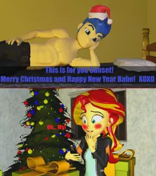 Size: 2560x2888 | Tagged: safe, artist:wolfthepredator, derpibooru import, flash sentry, sunset shimmer, equestria girls, 3d, belly button, christmas, clothes, female, flashimmer, holiday, male, nipples, nudity, partial nudity, shipping, source filmmaker, straight, topless