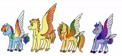 Size: 1280x596 | Tagged: safe, artist:phobicalbino, derpibooru import, rainbow dash, spitfire, oc, oc:sparkfire, oc:thunder tantrum, pegasus, pony, colored wings, family, female, lesbian, magical lesbian spawn, male, mare, multicolored wings, next generation, offspring, parent:rainbow dash, parent:spitfire, parents:spitdash, quartet, shipping, simple background, spitdash, spread wings, transgender, white background, wings