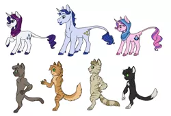 Size: 1157x786 | Tagged: safe, artist:phobicalbino, derpibooru import, fancypants, rarity, oc, oc:onyx alabaster, oc:polished pyrite, oc:recherché, oc:smoky quartz, abyssinian, pony, unicorn, abyssinian oc, adopted offspring, clothes, cloven hooves, dewclaw, facial hair, family, female, goatee, headscarf, leonine tail, male, mare, moustache, next generation, offspring, parent:fancypants, parent:rarity, parents:raripants, raised hoof, raripants, scarf, shipping, simple background, stallion, straight, white background