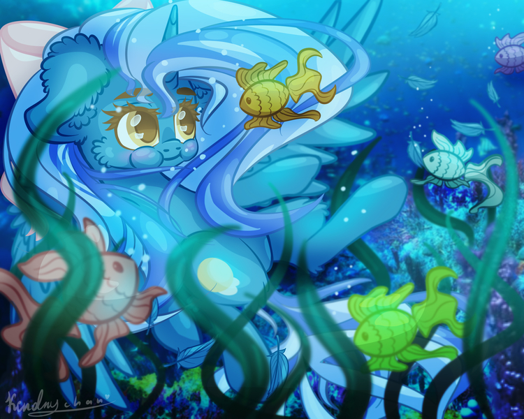 Size: 2500x2000 | Tagged: alicorn, alicorn oc, artist:kindny-chan, bow, bubble, cheek fluff, derpibooru import, ear fluff, fish, hair bow, horn, oc, ocean, oc:fleurbelle, safe, underwater, wing fluff, wings, yellow eyes