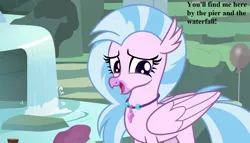Size: 1764x1008 | Tagged: cropped, cute, derpibooru import, diastreamies, edit, edited screencap, jewelry, maud's cave, necklace, safe, screencap, silverstream, speech, student counsel, talking, waterfall
