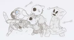 Size: 1280x702 | Tagged: safe, artist:ravenpuff, deleted from derpibooru, derpibooru import, oc, oc:puffy, anthro, bat pony, undead, unguligrade anthro, zombie, armor, arrow, chibi, creeper, female, mare, minecraft, monochrome, traditional art