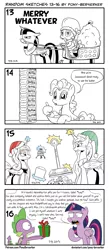 Size: 1320x3035 | Tagged: safe, artist:pony-berserker, derpibooru import, pinkie pie, princess celestia, princess luna, spike, twilight sparkle, twilight sparkle (alicorn), alicorn, dragon, earth pony, pony, angry, black and white, bowl, bridle, butter, celestia is not amused, christmas, clothes, costume, elf hat, female, food, grayscale, hat, holiday, i can't believe it's not idw, luna is not amused, lunar lander, magic, male, mane, mare, monochrome, not amused face, pony-berserker's twitter sketches, present, reins, rick and morty, rick sanchez, santa costume, santa hat, santa sack, scale, sibling rivalry, signature, simple background, sketch, sleigh, smug, solo, speech bubble, style emulation, tack, telekinesis, this will end in tears and/or a journey to the moon, twirick, unamused, white background, winged spike, yoke