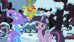 Size: 1280x720 | Tagged: artist:quasdar, christmas, derpibooru import, female, holiday, lesbian, mean twilight sparkle, mean twixie, mistleholly, safe, shipping, snow, the mean 6, trixie, twilight sparkle, twixie