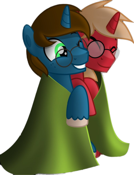 Size: 776x1015 | Tagged: safe, artist:jhayarr23, derpibooru import, oc, oc:cee sharp, oc:jeremy gamer, unofficial characters only, pony, unicorn, 2020 community collab, derpibooru community collaboration, blanket, boyfriend, cuddling, gay, glasses, male, nuzzling, oc x oc, one eye open, shipping, simple background, smiley face, transparent background